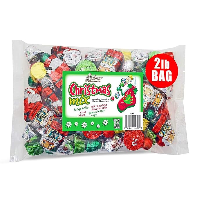 R.M. Palmer Christmas Mix Bulk Bag of Fudge Bells Santa Crisp Kringle's Peanut Butter Cups Chocolaty spheres Holiday Themed Treats Candy and Snacks (2 LB)