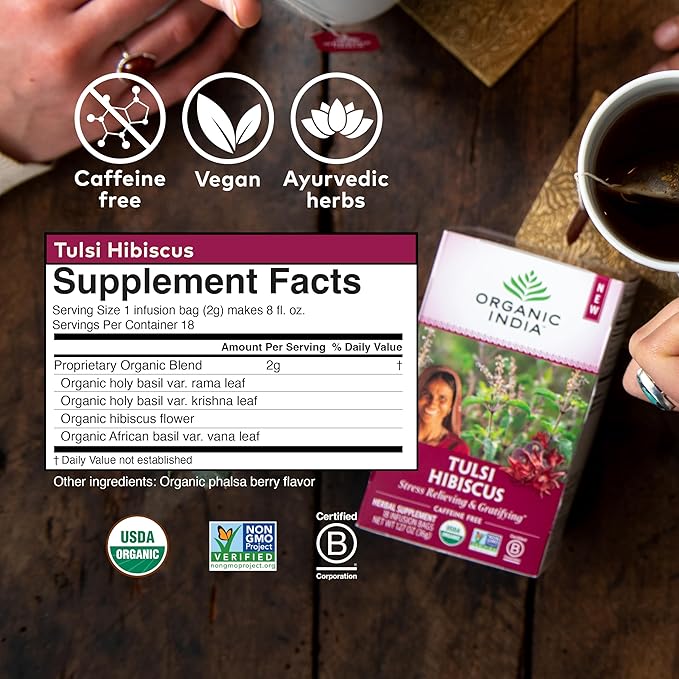 Organic India Tulsi Hibiscus Tea Bags - Holy Basil Herbal Tea Stress Relieving Immune Support USDA Organic Calming Caffeine Free- 18 Bags 6 Pack