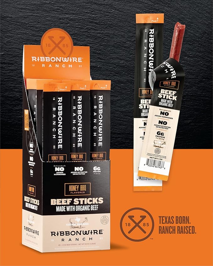 Ribbonwire Ranch Beef Sticks Made with Organic Beef Pasture Raised High Protein Snack Healthy Low Carb Keto Friendly Gluten Free Nitrate Free On the Go 1 Oz Sticks Honey BBQ Flavor 20 Pack