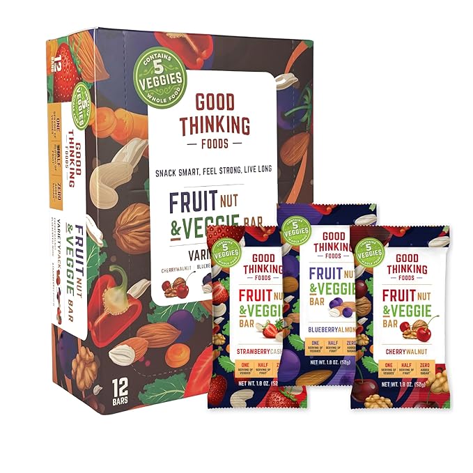 Good Thinking Foods Fruit &amp Veggie Bars - Variety Pack | Mediterranean Diet Snack Vegan Organic Fruit Real Vegetables High Fiber (12g) Healthy Fats Antioxidants No Added Sugar Great Tastin