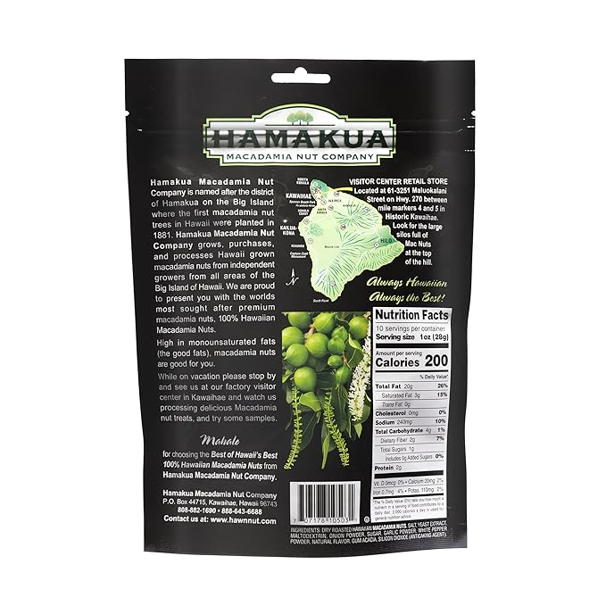 Hamakua Macadamia Nuts - Savory Island Onion - Hawaiian Grown Flavored Dry Roasted Half and Whole Macadamias - Natural Eco-Friendly Large Macadamia Nuts