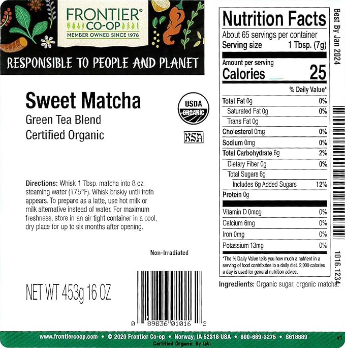 Frontier Co-op Organic Sweet Matcha Green Tea Powder 16 Oz Bulk Bag