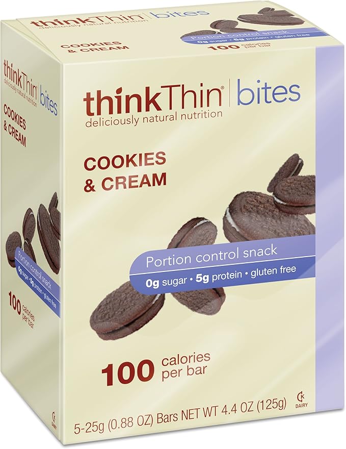 thinkThin BITES 100 Calorie Cookies &amp Cream Gluten Free 5-Count (0.88-Ounce) Bars (Pack of 6)