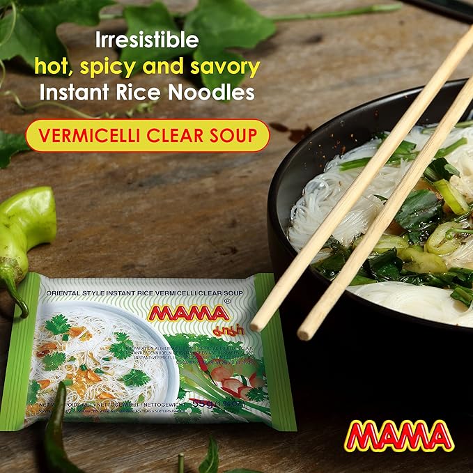 MAMA Noodles Vermicelli Clear Soup Instant Rice Noodles w/Delicious Thai Flavors Hot &amp Spicy Noodles No Trans Fat w/Fewer Calories Than Deep Fried Noodles 30 Pack