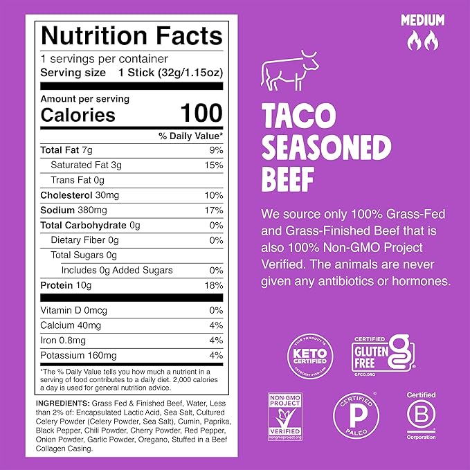 Chomps Grass-Fed and Finished Taco Beef Jerky Snack Sticks 10-Pack - Keto Paleo Whole30 10g Lean Meat Protein Gluten-Free Zero Sugar Food Non-GMO
