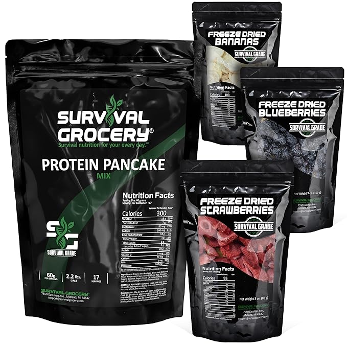 Survival Grocery® Protein Pancake Mix 1kg. + Strawberries 3oz. + Banana 6oz. + Blueberries 7oz.