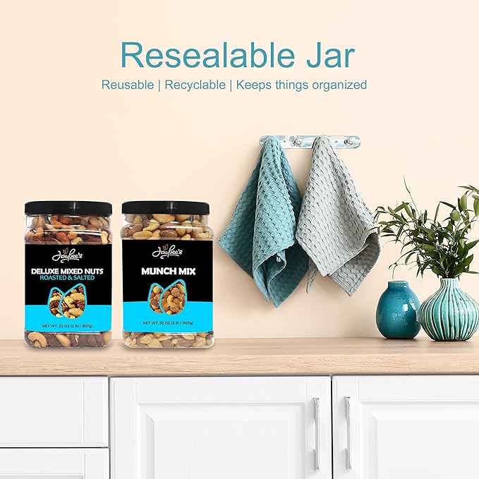 Mixed Nuts Deluxe - Roasted &amp Salted | 32 oz Reusable Container | Healthy Gourmet Variety Snack Mix with Cashews Almonds Brazil Nuts Pecans Hazelnuts (No Peanuts) Holiday Gifts | Keto Vegan F