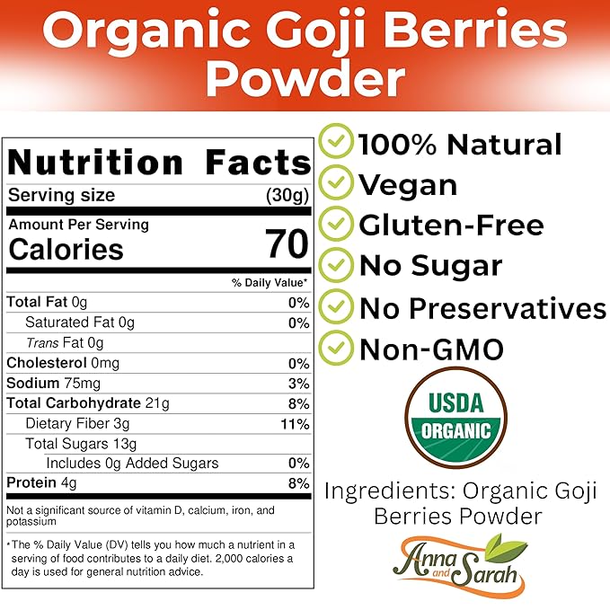 Organic Goji Powder16 Oz 100% Raw Pure Non-GMO Gluten-Free Superfruit Antioxidant &amp Nutrient Rich Perfect for Smoothies Baking &amp More Goji Berries Powder in Resealable Bag 1 Lb Bulk