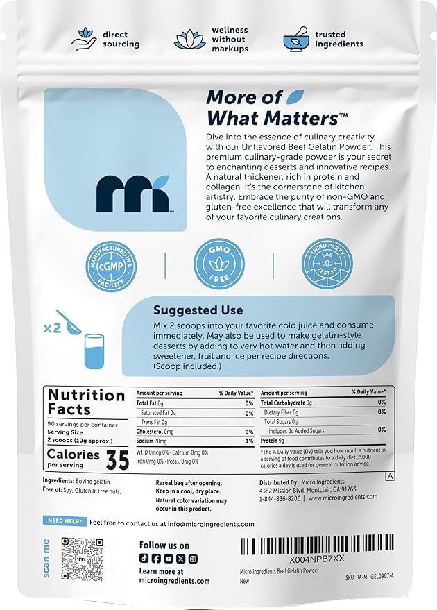 Beef Gelatin Powder 2lb (32oz) | Premium Source from Grass-Fed &amp Pasture Raised Beef | Unflavored Thickening Agent for Cooking &amp Baking | Rich in Natural Protein &amp Collagen | Non-GMO Glu