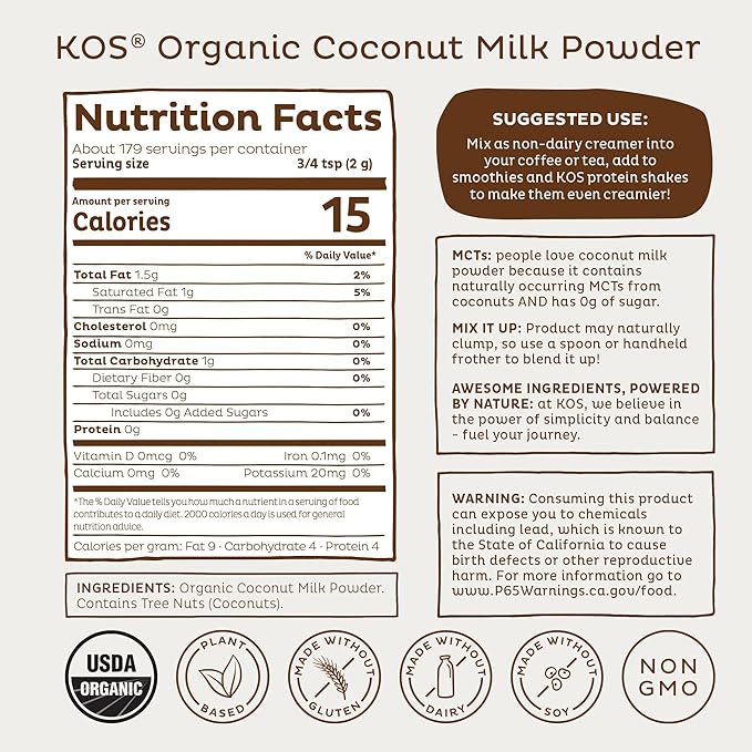 KOS Organic Coconut Milk Powder USDA Certified Organic - 0g Sugar MCT Plant Based Creamer for Coffee Smoothies Vegan Keto Paleo Friendly Non-GMO Gluten or Dairy- 12.6oz 179 Servings