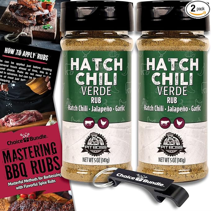 Pit Boss Hatch Chili Verde Premium Barbecue Mixed Seasoning Spice &amp Rub 2 pk Choice Bundle (10 oz) + Guide &amp Keychain Bottle Opener (4 Items)!
