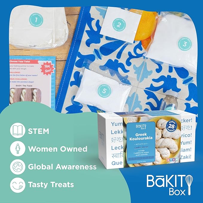 BāKIT Box Greek Koulourakia Cookie Kit Kids Baking Gift with Printed Recipe &amp Activity Guide Make Greek Twist Cookies + Learn Words &amp Symbols