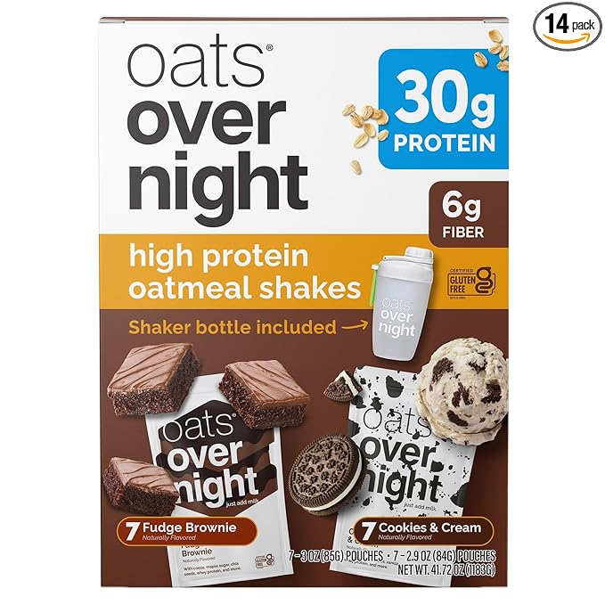 Oats Overnight High Protein Oatmeal 14 Pack Shaker Bottle - Fudge Brownie + Cookies &amp Cream