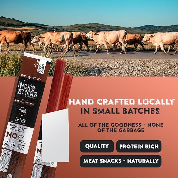 Nick's Sticks Clean &amp Balanced 100% Grass-Fed Spicy Beef Snack Sticks | Made in the USA | Gluten Free | Paleo Keto Whole30 Approved | No Soy Antibiotics or Hormones (12 – 1.7oz. Packages of 2 S