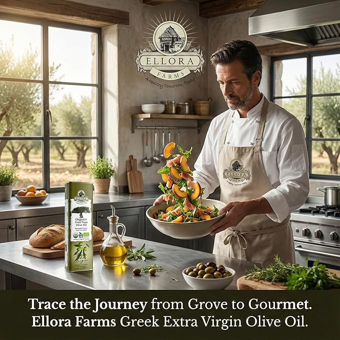 Ellora Farms Organic Extra Virgin Olive Oil High in Phenols Cold Press Traceable Single Origin Extra Virgin Greek Olive Oil Kosher 17 oz. tin Pack of 2