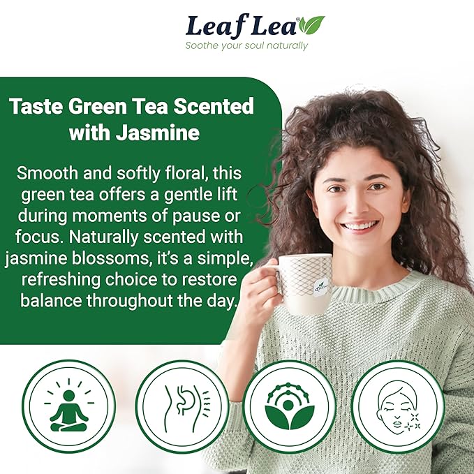 LeafLea 80 Jasmine Green Tea Bags Green Tea with Natural Jasmine Aroma Light Focus &amp Daily Balance Delicate Floral and Smooth Taste Caffeinated Sugar-Free Non-GMO Vegan Individually Wrappe