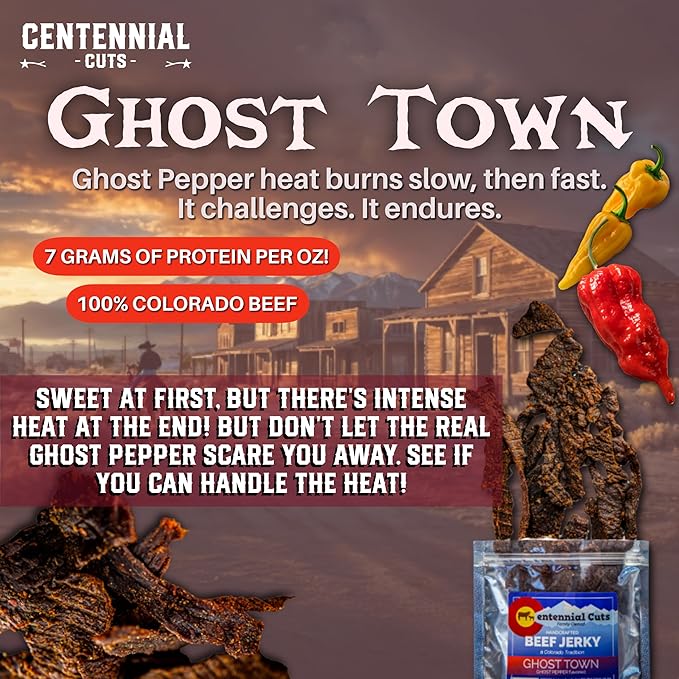Centennial Cuts Beef Jerky – Ghost Town Ghost Pepper – High Protein Bold Ghost Pepper Heat – 7 oz Snack