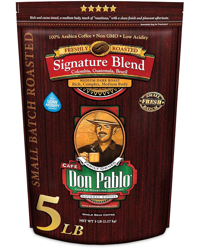 Don Pablo Gourmet Coffee - Signature Blend - Medium Dark Roast - Whole Bean Coffee - 100% Arabica Beans - Low Acidity and Non-GMO (80 Ounce Original)