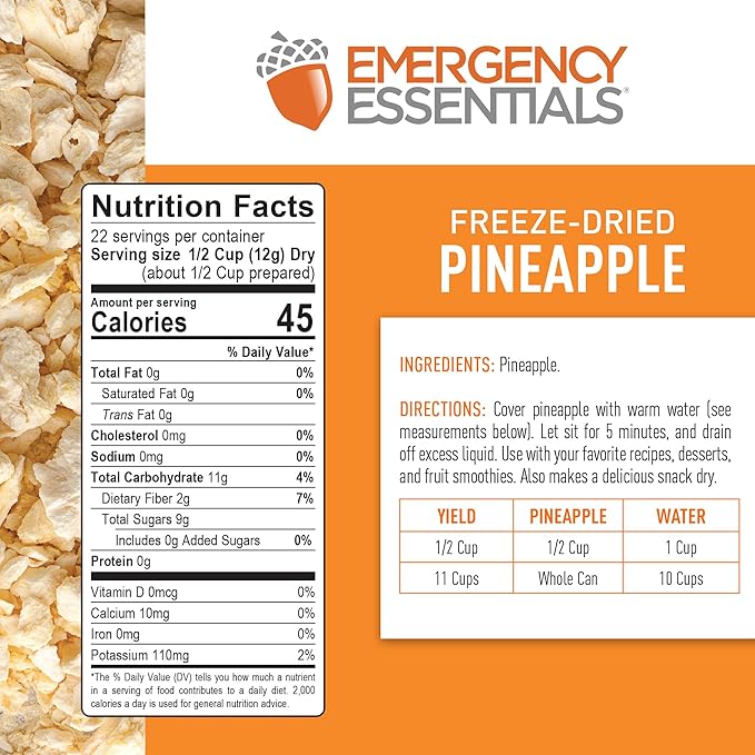 Emergency Essentials Freeze-Dried Pineapple Dices #10 Can | 22 Servings of Real Fruit | 30-Year Shelf Life | Long-Term Emergency Food Snack and Dessert Ingredient | Lightweight &amp Ready to Eat