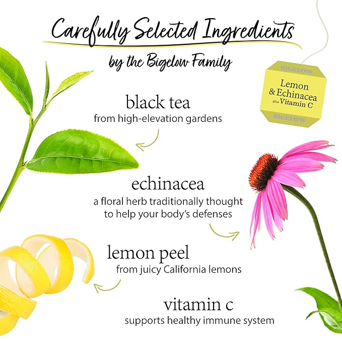 Bigelow Tea Lemon &amp Echinacea Plus Vitamin C Black Tea Caffeinated Tea with Lemon and Echinacea 18 Count Box (Pack of 6) 108 Total Tea Bags