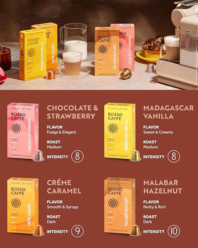 ROSSO CAFFÈ Espresso Coffee Pods for Nespresso Original Machines - 80 Capsules Flavored Pack 4 Rich and Balanced Flavors (Chocolate Vanilla Crème Caramel Hazelnut) - Made in Italy