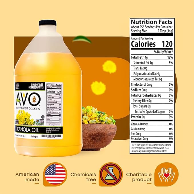 AVO Expeller Pressed Canola Oil for Cooking and Frying 1 Gallon NON-GMO High Smoke Point 465°F Everyday Cooking oil