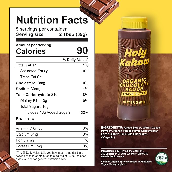 Holy Kakow Organic Chocolate Sauce - Organic Chocolate Syrup Sweetened with Agave Gluten Free Real Food Ingredients Use for Hot or Iced Drinks - 8oz 2-Pack