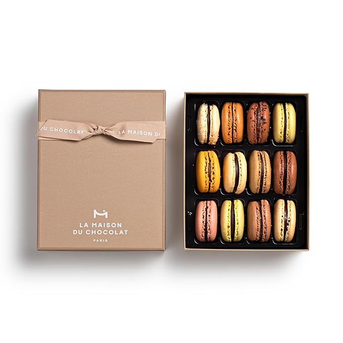 LA MAISON DU CHOCOLAT Macaron Gift Box - Gourmet French Dark Chocolate Filling with Shells in Assorted Flavors (12 Pieces)