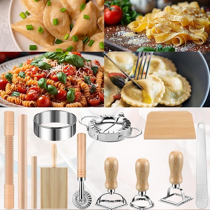 11 Pcs Pasta Making Tools Kit - Includes Wooden Gnocchi Board with Ravioli Stamp Cutter Threaded Rolling Pin Dumpling and Pasta Maker - Gift for Homemade kitchen Baking Lovers