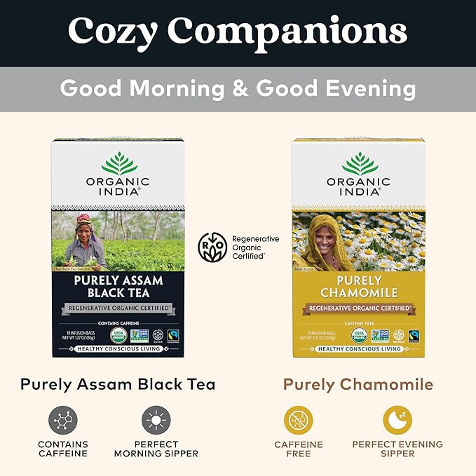 Organic India Purely Assam Black Tea - Caffeinated Herbal Tea Bags with Natural Assam Leaves Enjoy with Milk &amp Sweetener USDA Organic Non-GMO Fairtrade Certified - 18 Bags (Pack of 6)