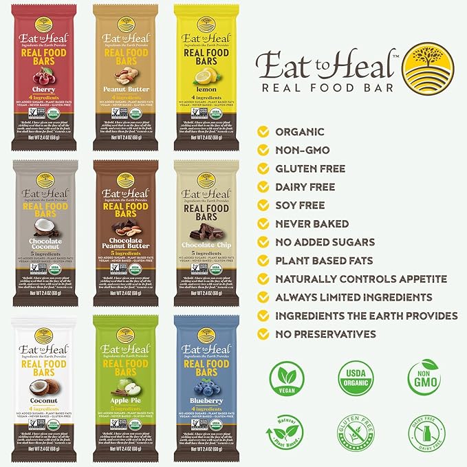 EatToHeal Apple Pie Real Food Bar - Organic Dates &amp Oats Gluten Free Vegan Healthy Protein Bars - Low Sugar Meal Replacement Bar Non GMO Never Baked Plant Based - Crafted to Enjoy