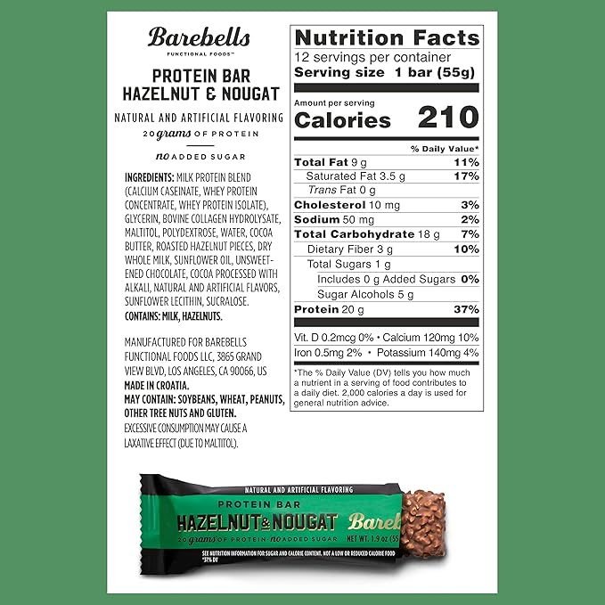 Barebells Protein Bars Hazelnut &amp Nougat - 12 Count Pack of 2 - Protein Snacks with 20g of High Protein - Chocolate Protein Bar with 1g of Total Sugars - On The Go Protein Snack &amp Breakfast B
