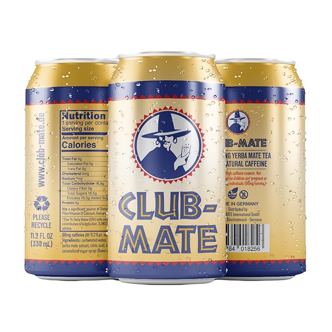 Club-Mate Sparkling Yerba Mate Tea | 66mg Natural Caffeine | Berlin`s Favorite Energy Drink Alternative | German Cult Beverage | Low Sugar Vegan Gluten-Free Non-Alcoholic | 11.2oz Can (6 Pack)