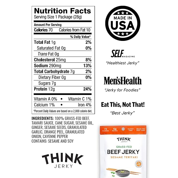 Think Jerky Bundle - Classic Beef (1.0 oz 12 Pack) &amp Sesame Teriyaki (1.0 oz 12 Pack) Jerky Bags