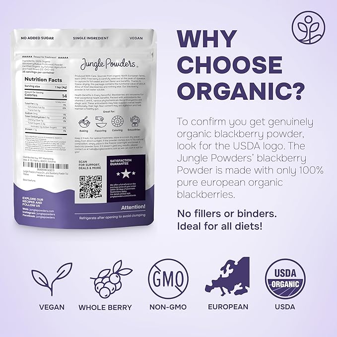 Jungle Powders Organic Blackberry Powder 5 Ounce Bag USDA Certified Freeze Dried Blackberries Powder for Baking Whole Blackberry Juice Additive Free Blackberry Extract Flavoring Puree Concentrate