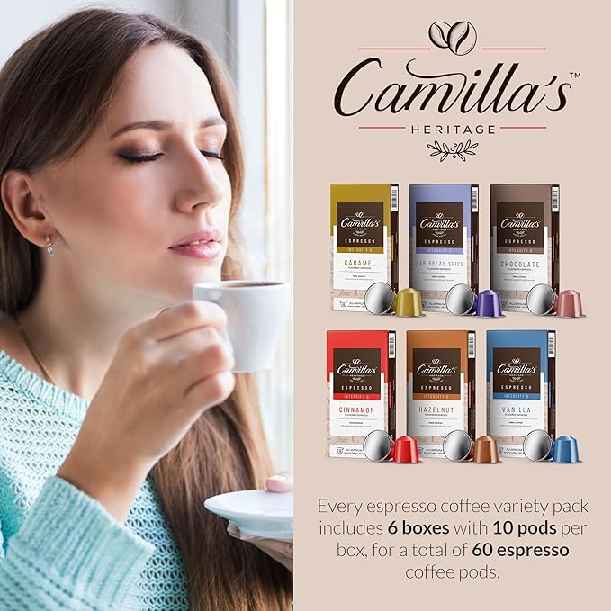 Camilla’s Heritage - Intensity 8 Flavored Espresso Coffee Variety Pack (Caribbean Spice Cinnamon Hazelnut Chocolate Caramel &amp Vanilla Espresso Cups) 60 Coffee Pods