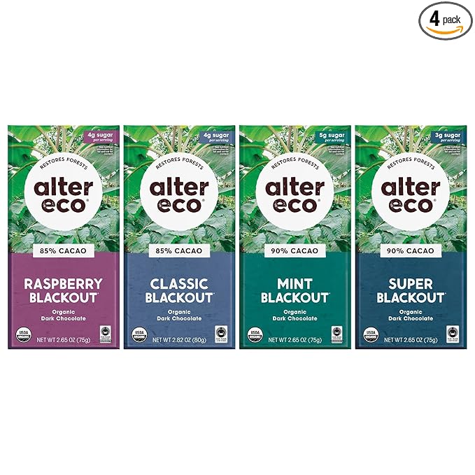 Alter Eco | Dark Chocolate Blackout Variety 4-Pack | Super Blackout Classic Blackout Mint Blackout Raspberry Blackout | Fair Trade Organic Non-GMO Gluten Free | 4 Flavors 1 of each Bar