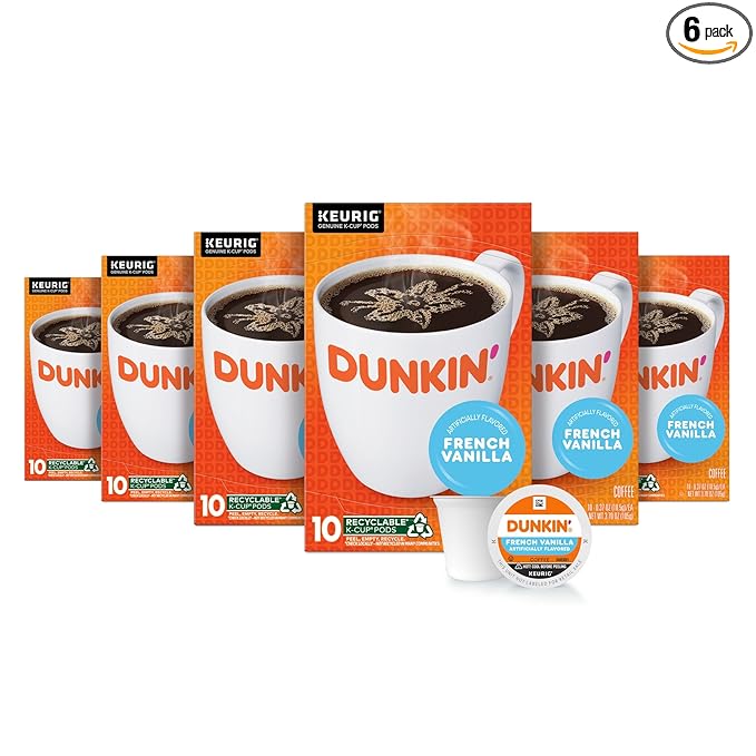 Dunkin’ French Vanilla Artificially Flavored Coffee Keurig K-Cup Pods 10 Count Boxes (Pack of 6)