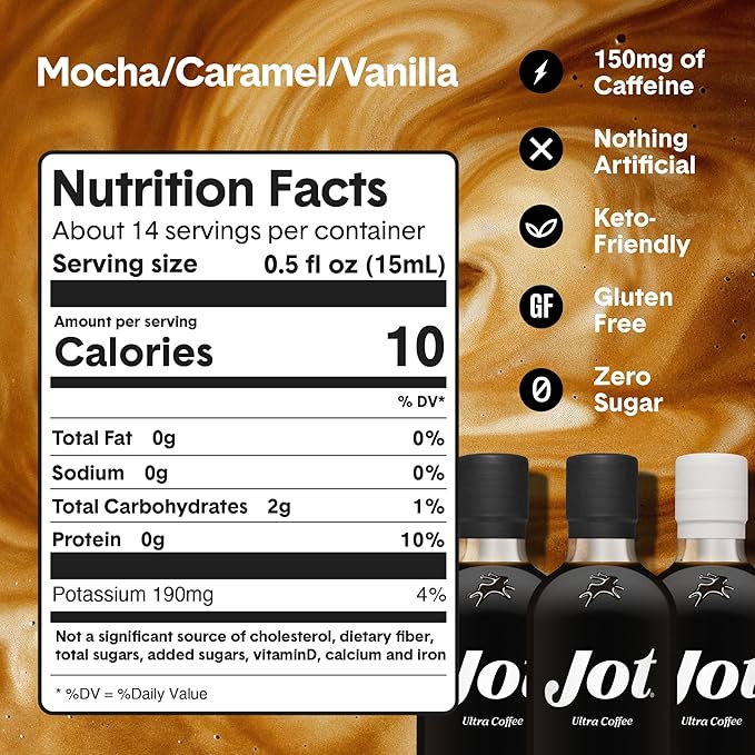Jot Coffee Concentrate Trio (Caramel/Mocha/Vanilla 3pk) – High Caffeine Cold Brew Iced &amp Hot Coffee Instant Espresso – Makes 14 Cups Concentrated Coffees