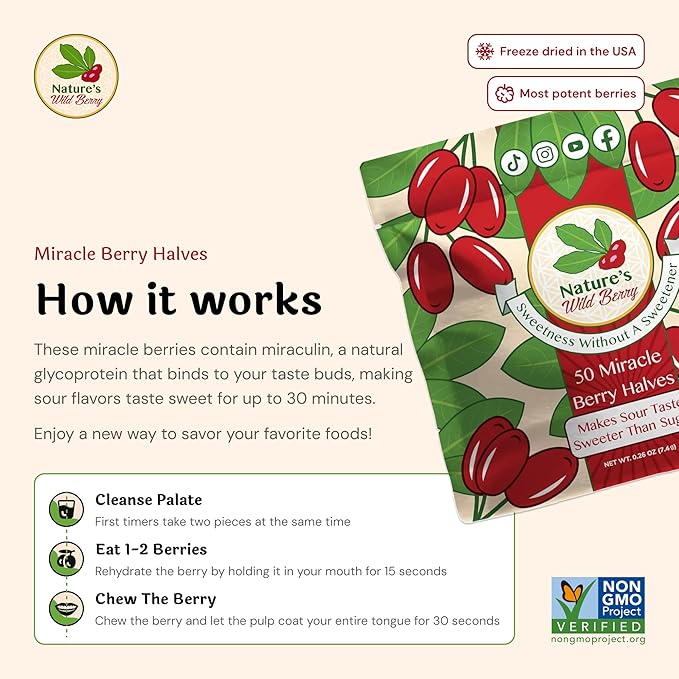 Nature's Wild Berry Miracle Berries – 50 Flavor-Changing Berry Halves | Resealable Refill Pack | Freeze-Dried in USA | Turn Sour to Sweet | As Seen on Shark Tank | Magic Fruit for Taste Transformation