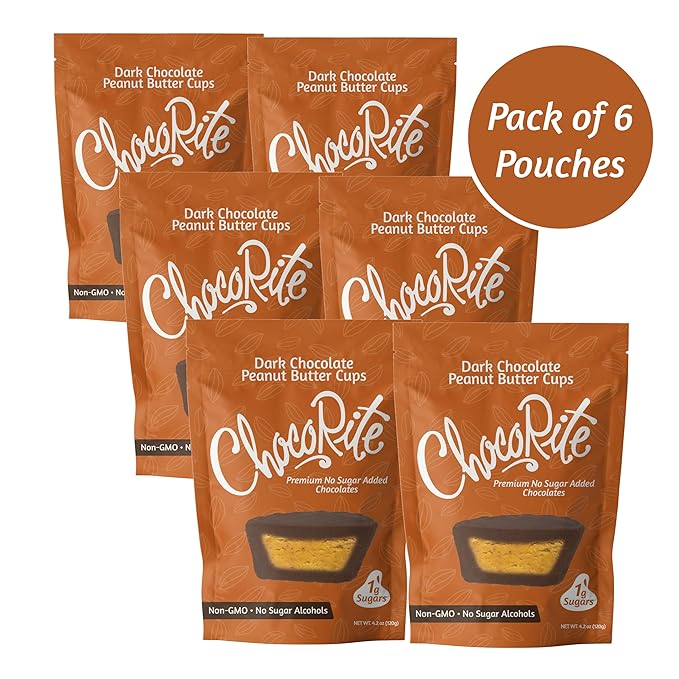 ChocoRite Dark Chocolate Peanut Butter Cups | No Added Sugar | Gluten Free Soy Free Non-GMO | No Sugar Alcohols | Pack of 6 Pouches