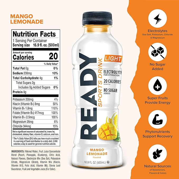 Ready® Sports Drink Light – The Ultimate Low-Calorie Hydration Drink with 4 Different Electrolytes – No Added Sugars – Naturally Sweetened &amp Flavored – Mango Lemonade16.9 oz (12-Pack)