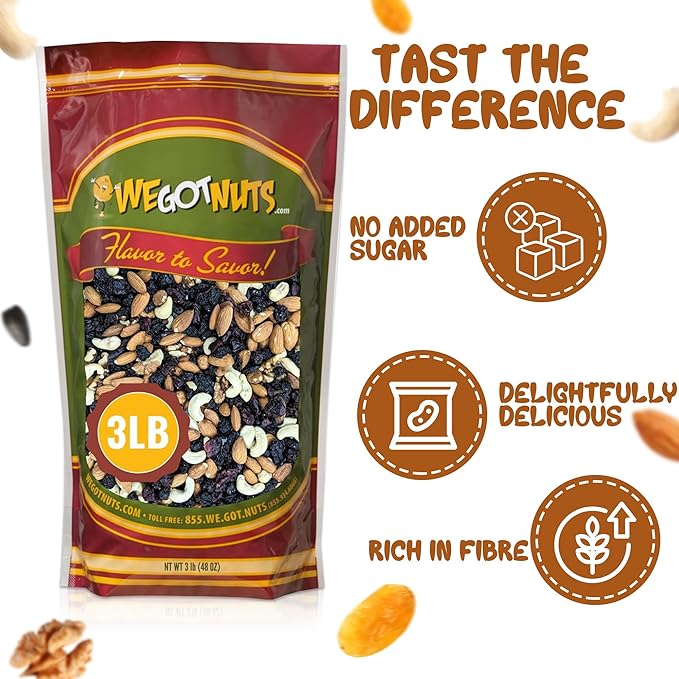 We Got Nuts Trail Mix Premium Blend with Almonds Cashews Cranberries RaisinsFilberts and Walnuts Kosher Certified 3 lb Resealable Bag