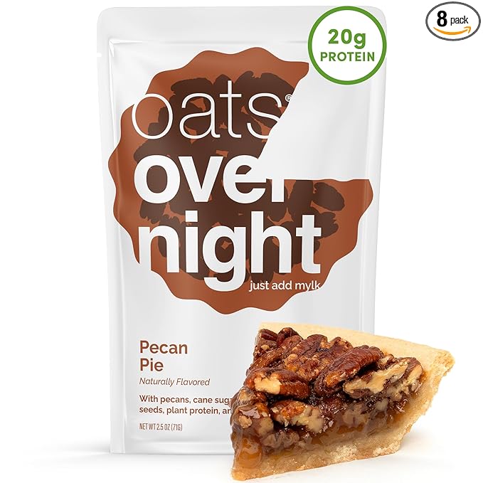 Oats Overnight Pecan Pie - Overnight Oats with 20g Plant-Based Protein High Fiber Breakfast Protein Shake - Vegan Gluten Free Oatmeal Non GMO High Protein Oatmeal (2.5 oz per Meal) (8 Pack)