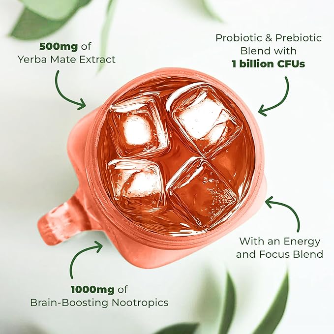 Yerba Mate Instant Tea Powder - 3-In-1 Super Drink - Clean Energy - Formulated With Nootropics To Boost Focus &amp Clarity - With Prebiotics &amp Probiotics To Boost Gut Health | Peach Pomelo - 30 S