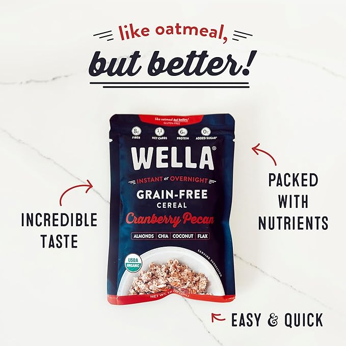Wella Cereal Oatmeal Alternative Gluten-Free Breakfast Hot Cereal Grain-Free Paleo Organic Vegan High Protein Superfood Plant-Based Non-GMO Low in Net Carbs Single-Serve Packets Cranberry Pecan