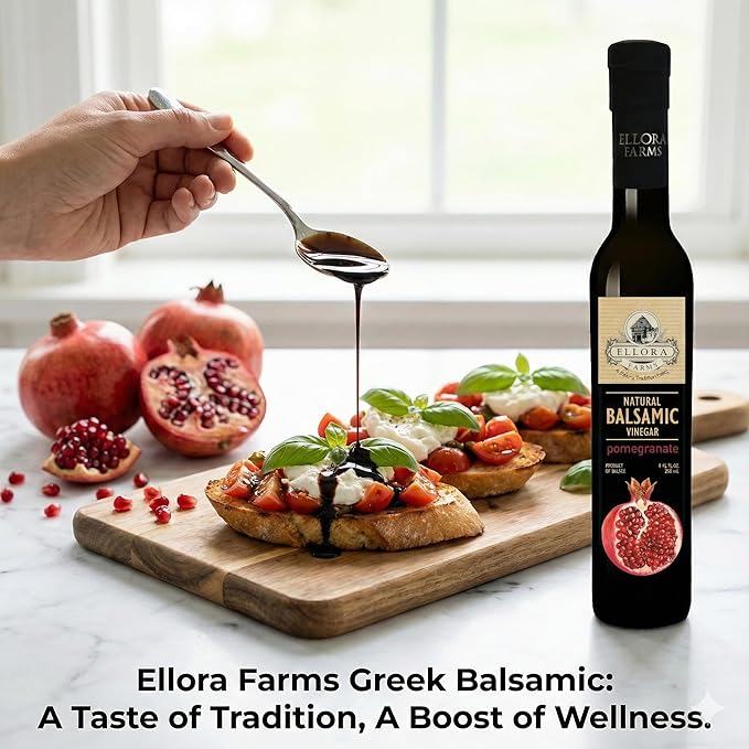 Ellora Farms Pomegranate Infused Thick Aged Balsamic Vinegar No-Added Sugar No-Preservatives Real Fruit Glass Bottle 8.45 oz.