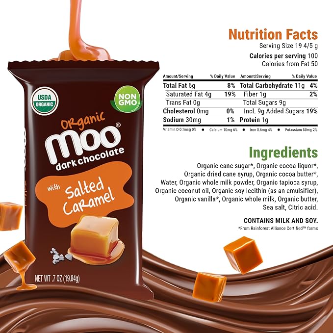 Moo Chocolates Organic Dark Chocolate Mini Bars with Salted Caramel 0.7oz 14 ct (Pack of 1) | USDA Organic Non-GMO | 100 Calorie Snacks for On-the-Go Lunchboxes Office