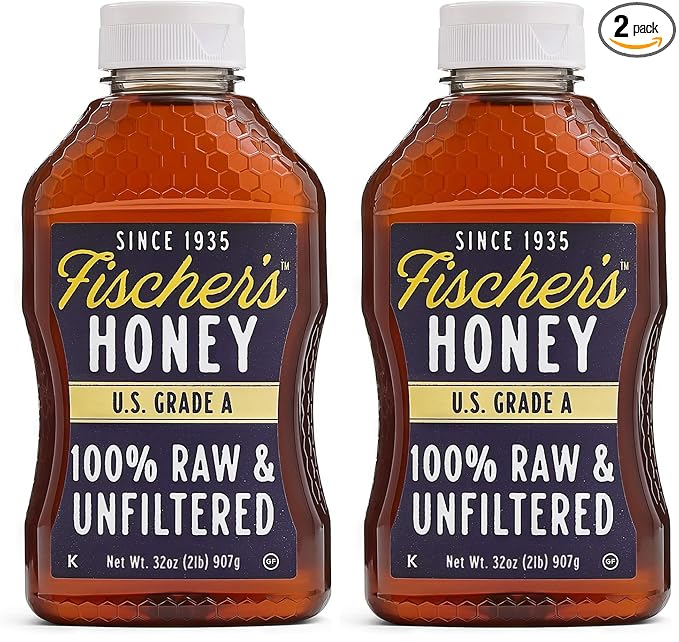 Fischer’s 100% Pure Raw &amp Unfiltered Honey – USA Made Local Honey 32 oz – All-Natural Sweetener – Rich Flavor Profile Packed with Nutrients (Pack of 2)