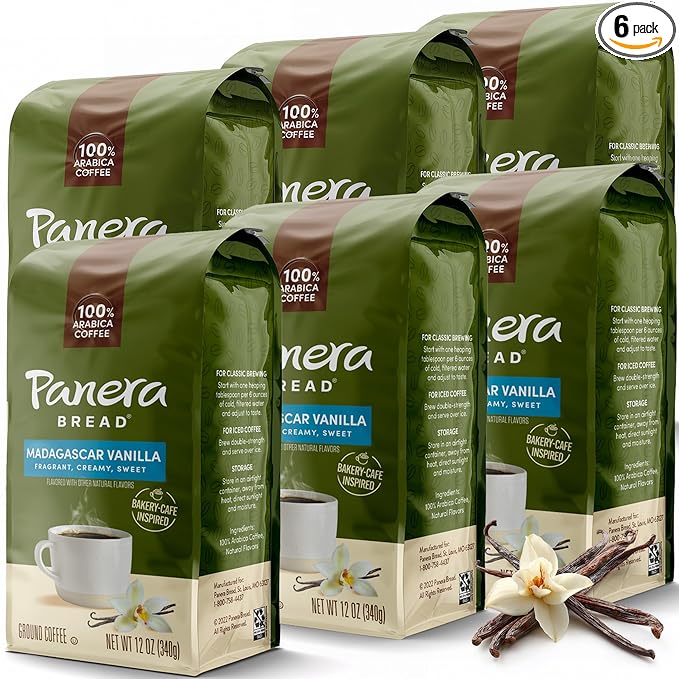 Panera Madagascar Vanilla Ground Coffee - Light Roast Natural Vanilla Flavor - 100% Arabica No Artificial Ingredients - Bakery-Cafe Quality - 12oz Bag Pack of 6 (72oz Total)